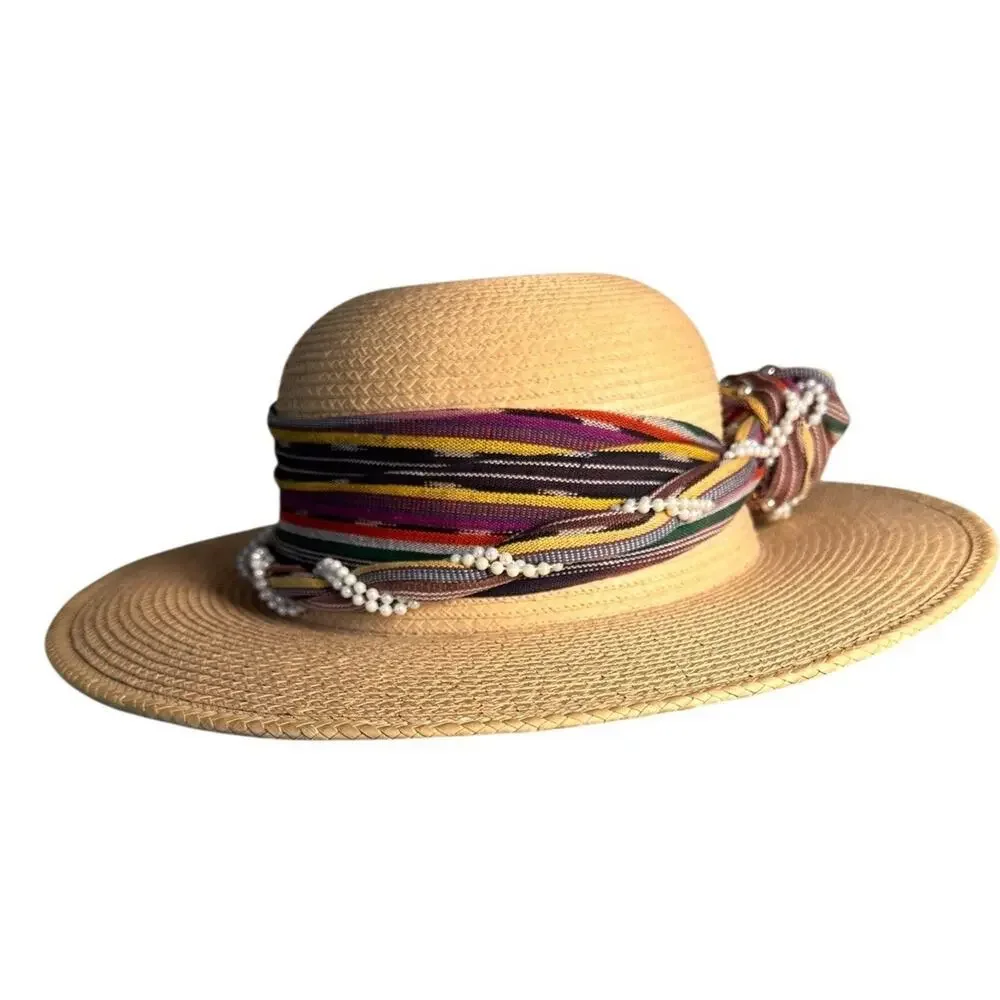 La Giralda Handcrafted Palm Leaves Sun Hat Sz 60 Multicolor Knot 90s Boho Resort - Picture 3 of 13